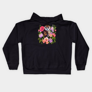 A Cute Short Eared Owl Surrounded by Bold Vibrant Spring Flowers Kids Hoodie